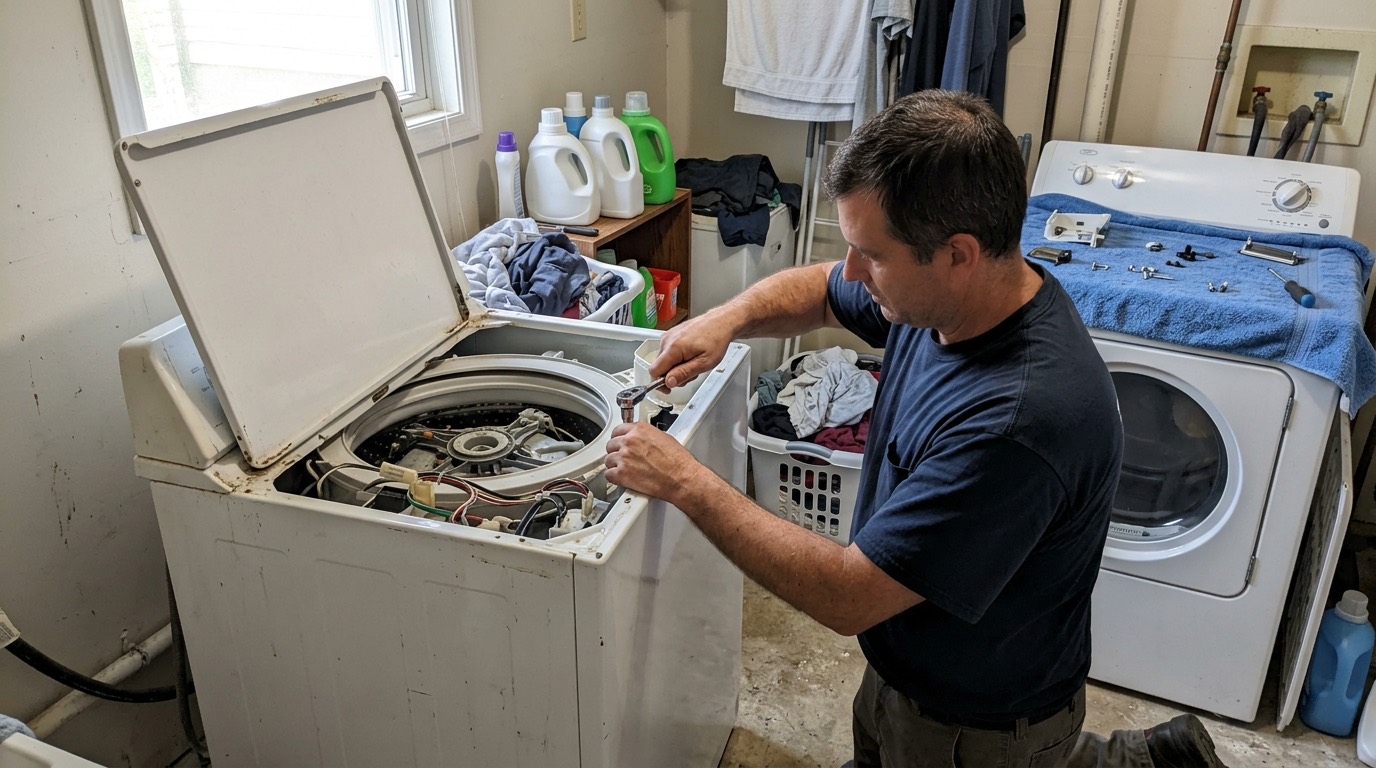 Washer repair in a home laundry room